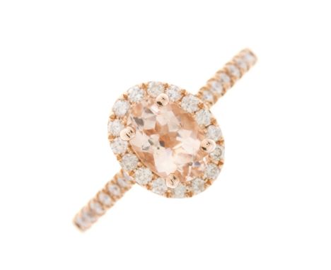 A 14ct gold morganite and brilliant-cut diamond cluster dress ring, with similarly-cut diamond line shoulders, band engraved 