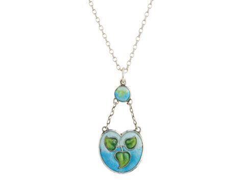 An Arts & Crafts silver and enamel necklace, circa 1905, painted to depict three green leaves on a blue ground, suspended fro