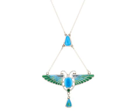 Charles Horner, an Art Nouveau silver and polychrome enamel winged scarab pendant, suspended from a later, integral chain wit