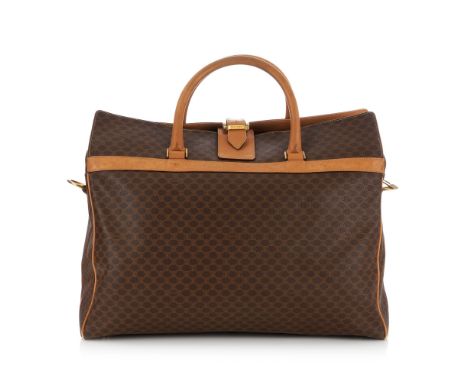 Celine, a vintage Macadam weekend travel bag, featuring maker's brown monogram coated canvas exterior with beige leather trim