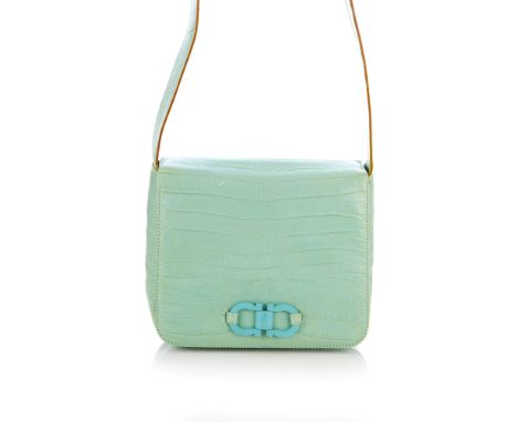 Salvatore Ferragamo, a flap handbag, crafted from mint green crocodile embossed leather, featuring a long adjustable crossbod