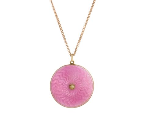 An Edwardian gold, pink guilloche enamel pendant, with split pearl highlight and vacant glazed panel to reverse, suspended fr