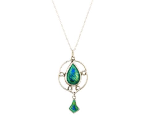 Charles Horner, an Art Nouveau silver and polychrome enamel openwork pendant, suspended from a later silver chain, maker's ma