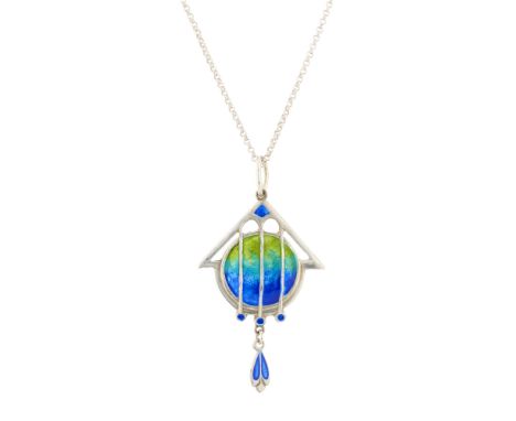 James Fenton, an Arts & Crafts silver and polychrome enamel geometric pendant, suspended from a later silver chain, maker's m