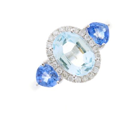 An 18ct gold aquamarine and brilliant-cut diamond cluster dress ring, with heart-shape sapphire sides, aquamarine weight 1.32