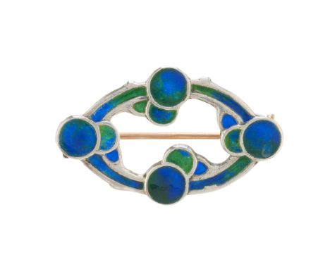 Murrle Bennett & Co., an Art Nouveau silver and polychrome enamel openwork brooch, with 9ct gold pin, maker's marks for Murrl