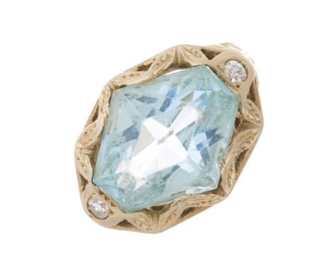 A mid 20th century 18ct gold fancy-shape aquamarine dress ring, with single-cut diamond sides and foliate openwork gallery, a