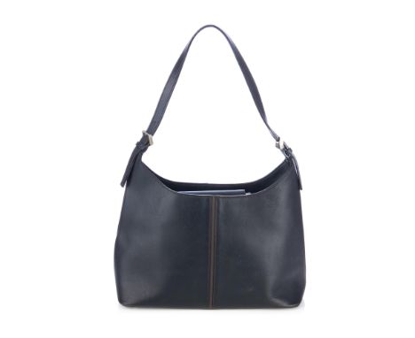 Burberry, a hobo handbag, crafted from black calf leather, featuring a single leather shoulder strap with buckle details at e