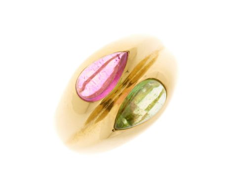 Bulgari, a vintage 18ct gold pear-shape pink and green tourmaline two-stone dress ring, with grooved and tapered shoulders, s