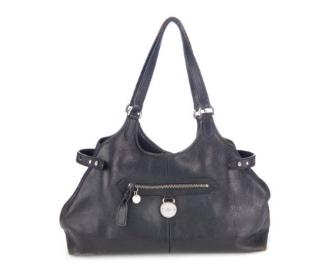 Mulberry, a black Somerset hobo handbag, featuring a black leather exterior, front zip pocket with maker's logo engraved silv