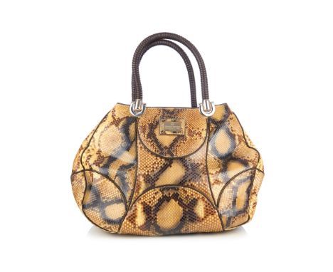 Giorgio Armani, a large python skin handbag, featuring brown leather trim and rigid looping leather top handles, silver-tone 
