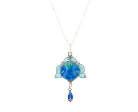 James Fenton, an Art Nouveau silver and polychrome enamel foliate pendant, with blue enamel drop, suspended from a later silv