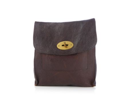 Mulberry, a small Antony messenger bag, designed with a brown leather exterior, adjustable canvas crossbody strap, top flap c