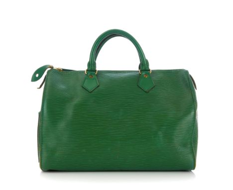 Louis Vuitton, a green epi Speedy 30 handbag, crafted from green textured epi leather with gold-tone hardware, featuring a pa