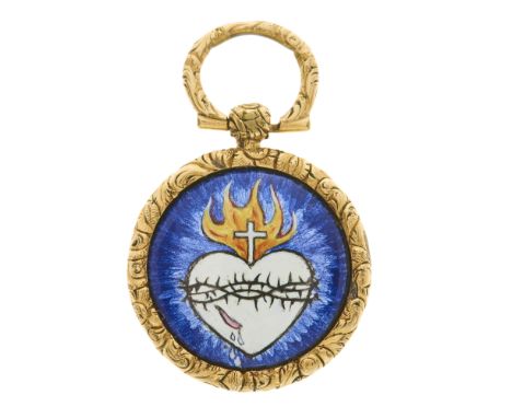 A William IV gold and enamel memorial fob pendant, with later painted enamel heart motif front, the reverse engraved 'Sarah S