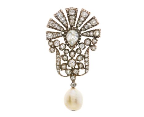 A mid 19th century silver and gold, natural pearl and old-cut diamond openwork brooch, pearl measures approximately 13.1 by 1