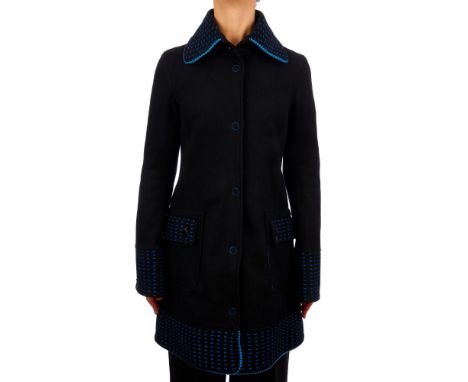 Patrizia Pepe, a black wool coat, featuring blue top stitch detailing and sequin embellishments, with snap button fastenings 