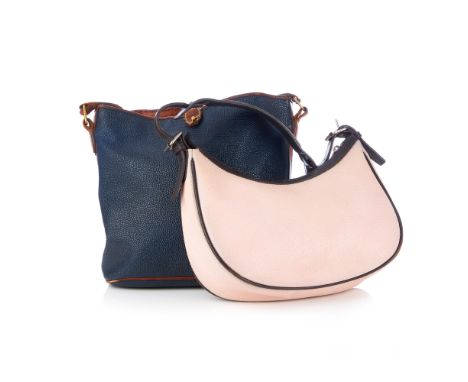 Mulberry, two Scotchgrain handbags, to include a pale pink textured hobo handbag with dark brown leather trim, top zip fasten