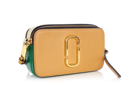 Marc Jacobs, a tricolour Snapshot camera handbag, featuring a beige, green and white Saffiano leather exterior, with polished