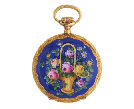 A late 19th century 18ct gold fob watch, white enamel dial with blue Roman numerals, the reverse painted to depict a basket o
