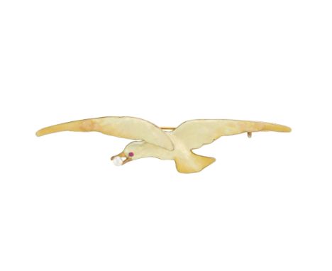 Meyle & Meyer, a Jugendstil silver and enamel brooch, designed as a seabird in flight, with ruby eye, holding an imitation pe