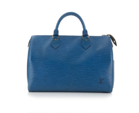Louis Vuitton, a blue epi Speedy 30 handbag, crafted from blue textured epi leather with gold-tone hardware, featuring a patc