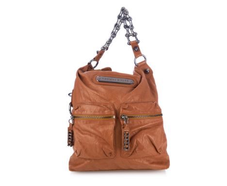 Thomas Wylde, a Scorpion hobo handbag, crafted from brown leather, featuring embellished studded scorpions, two front patch p