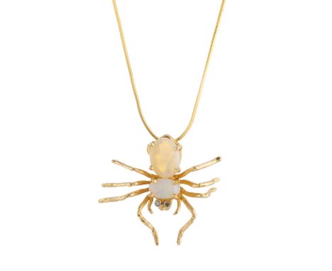 A gold, opal cabochon novelty pendant, designed as a spider, with diamond accent eyes, suspended from an 18ct gold snake-link