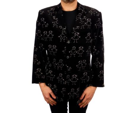 Moschino, a 1980s Cheap and Chic black velvet stick man blazer, featuring stick man figures throughout, with a notched lapel 