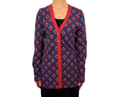 Mary Quant, two 1960s Ginger Group vintage cardigans, to include a blue cardigan with a red and grey diamond pattern througho
