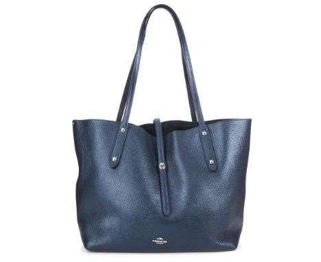 Coach, a Market tote, crafted from metallic blue pebbled leather, with dual thin top handles, small turn-lock closure and one