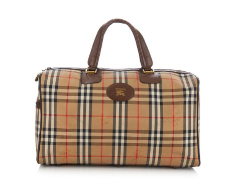 Burberry, a vintage weekend travel bag, designed with maker's Haymarket check canvas exterior and brown leather trim, featuri