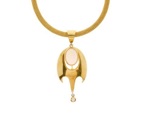 An 18ct gold opal cabochon abstract pendant, with similarly-set drop and tapered surmount, suspended from a 9ct gold chain, h