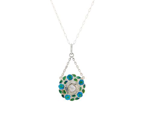 Murrle Bennett & Co., a silver, green and blue enamel floral pendant, with mother-of-pearl central highlight, suspended from 
