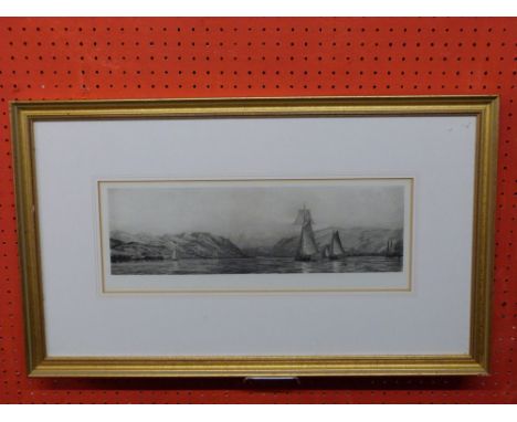 Harold Wyllie (1880-1975) Etching /Aquatint, "Shpping in an Estuary" pub 1926, 16 x 43cm
