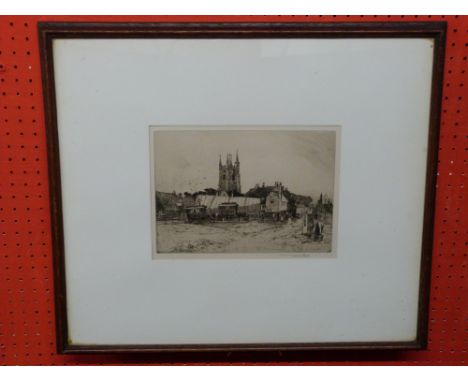 Sir Frank Short, sig pencil to margin, b/w Etching, "Strolling Players at Lydd" (description to label verso)
