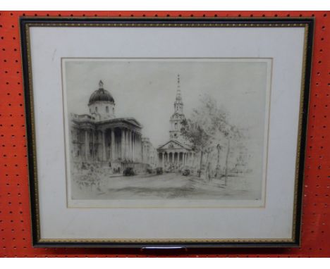Frederick Farrell, signed, etching of Trafalgar Square and National Gallery