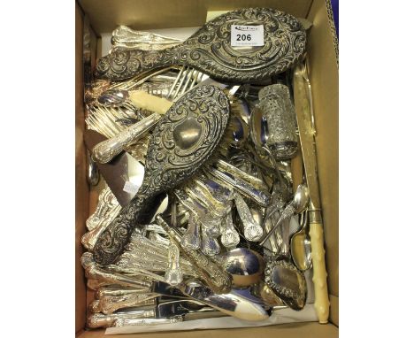 Box of assorted silver and white metal to include: vanity set; assorted flatware; berry spoons; dressing table jars; sugar ni