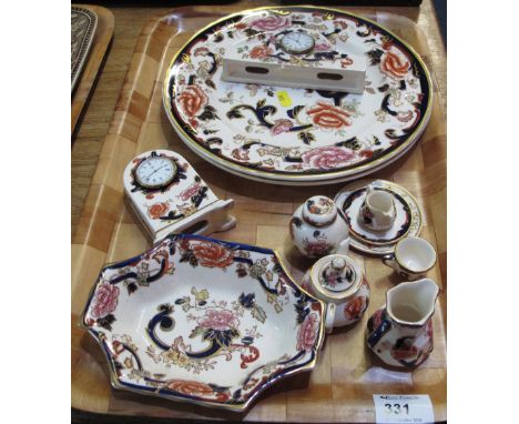 Tray of Mason's Ironstone 'Mandalay' items to include: miniature mantel clock; miniature pouch shaped dresser jug and ginger 