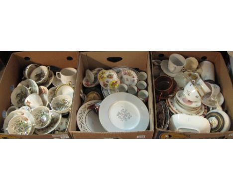 Three boxes of assorted china, various, to include: Royal Doulton 'Hampshire'; two handled bowls and saucers; floral teaware;