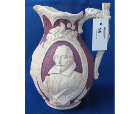 19th Century Staffordshire pottery relief decorated William Shakespeare commemorative baluster shaped jug with portrait bust 