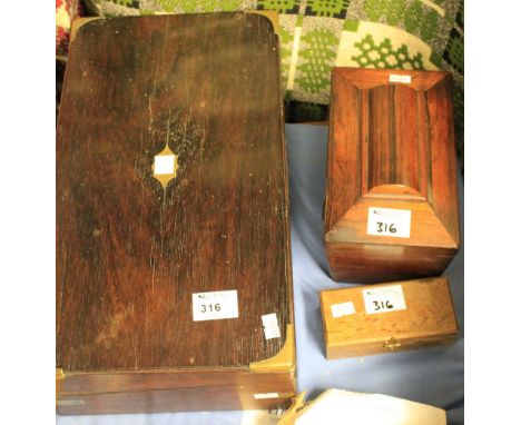 Victorian brass bound mahogany writing slope together with mahogany sarcophagus shaped, two section tea caddy and Wilkinson r