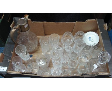 Tray of assorted glassware to include: claret jug with silver plated handle; various cut glass drinking vessels; square secti