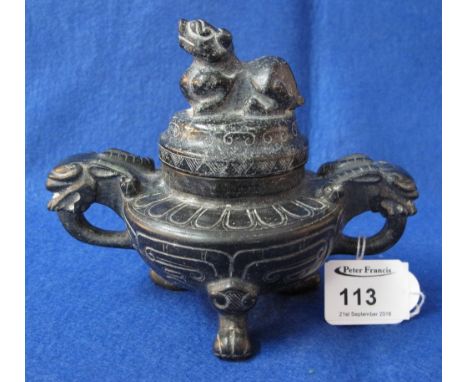 Chinese dark green hardstone trifoot lidded censer with Dog of Fo finial and Chimera mounts on naturalistic feet.