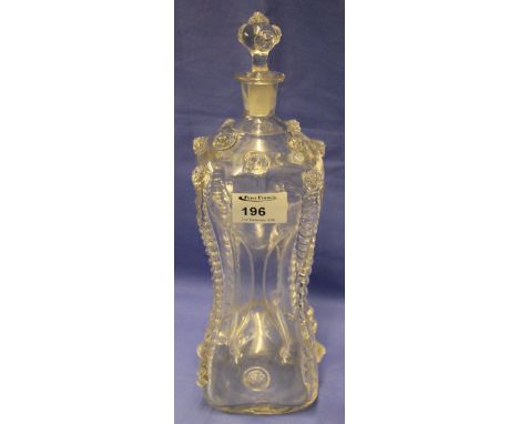 Glass decanter and stopper with applied nodule decoration.