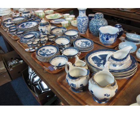 Five trays of Booth's 'Real Old Willow' teaware and other items to include: cups; saucers; plates; two handled bowls; teapots