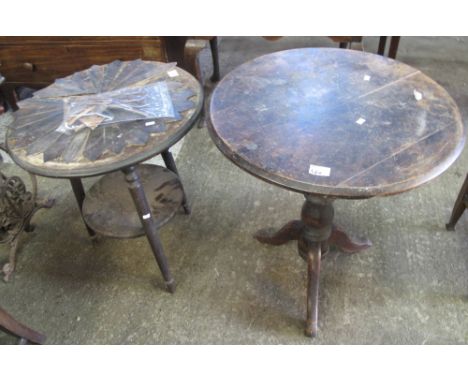 19th Century mahogany tripod table together with another two tier circular table and an oak cased gramophone. (3)