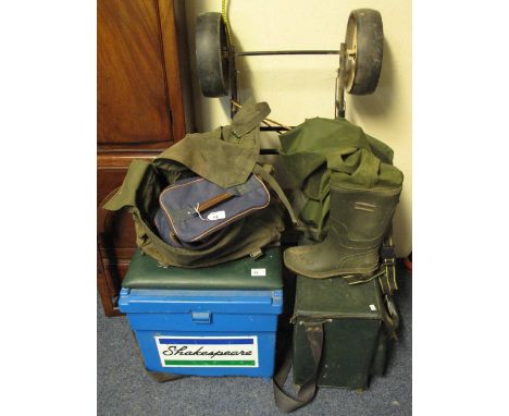 Shakespeare fishing tackle box seat, folding fisherman's trolley, pair of waders and a fisherman's tackle box together with r