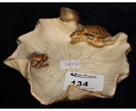 Royal Worcester blush ivory and gilt leaf design pin dish decorated with frog and turtle, printed puce marks to base.