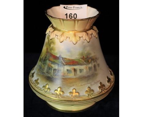 Royal Worcester china work porcelain vase depicting Shakespeare's birthplace within gilt borders, printed marks to base, Shap